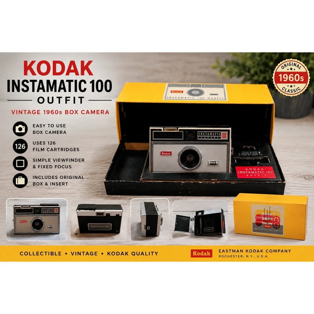 Vintage Kodak Instamatic 100 Camera Outfit w/ Original Box‎ Untested As-Is